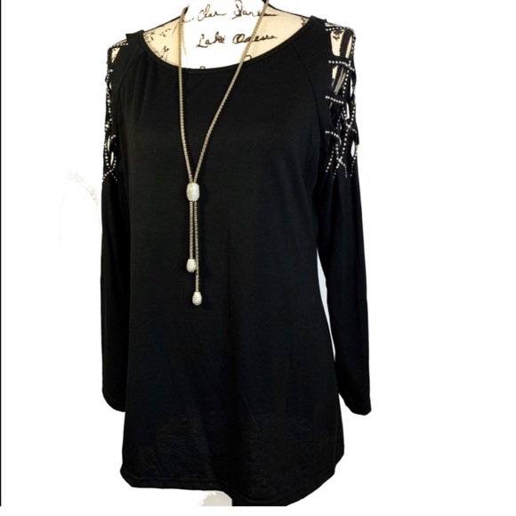 AlwaysPoshible Tops - Fancy Black Top with Criss-Cross Bling Shoulders
